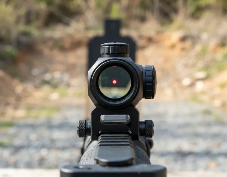 A Simmons Pro Target red dot sight mounted on a rifle, showing the bright 5 MOA dot on a target.