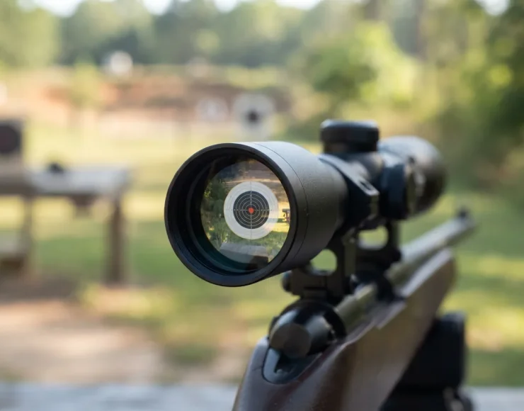 Simmons Pro Rimfire 4x32 scope showing a bright, clear sight picture of a distant target.