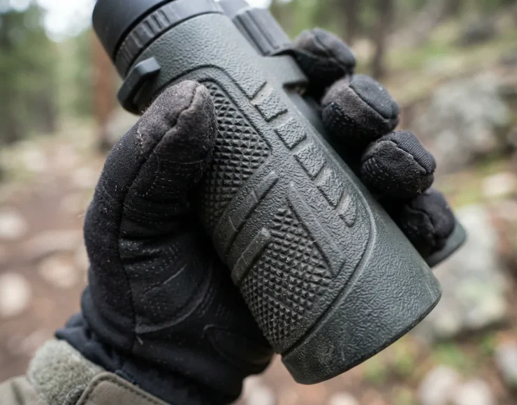 Close-up of textured grip zones on the Simmons Pro Hunter binoculars being held firmly.