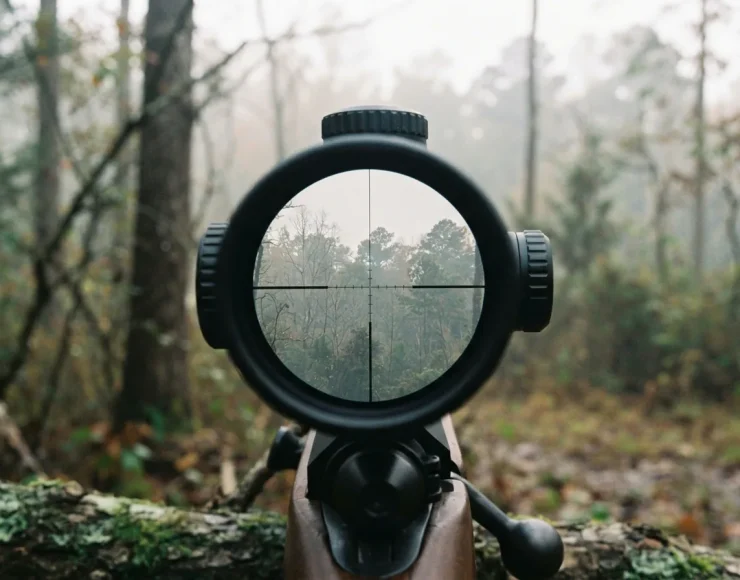 Close-up of the Simmons 4x32 riflescope lens showing its clear, fog-free view on a misty morning.